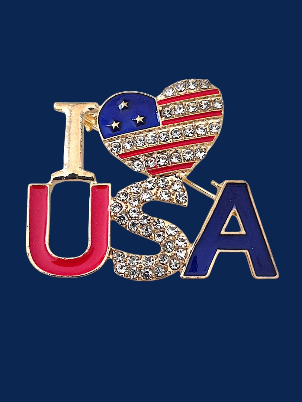 I Love USA Crystal Patriotic Pin - Red White Blue
